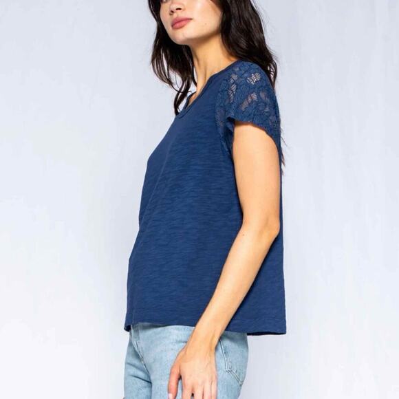WILT Shrunken Crew Tee with Lace Sleeves Slub 100% Cotton Small Blue - Picture 12 of 12